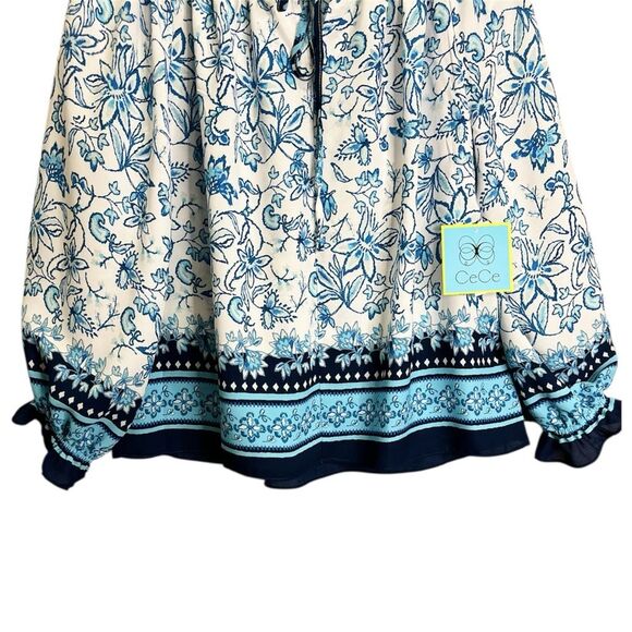 CeCe Women’s Tops Size XL Blue and White Floral Blouse - Picture 4 of 10